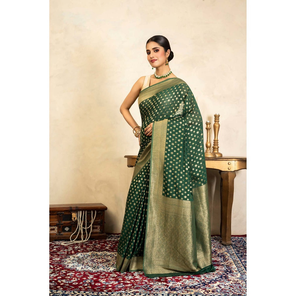 Zal from Benaras Bottle Green Pure Chiffon Banarasi Handloom Saree Without Blouse