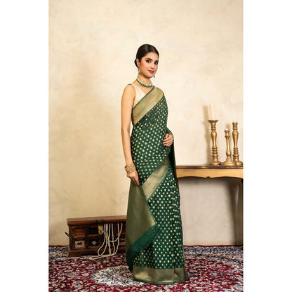 Zal from Benaras Bottle Green Pure Chiffon Banarasi Handloom Saree Without Blouse