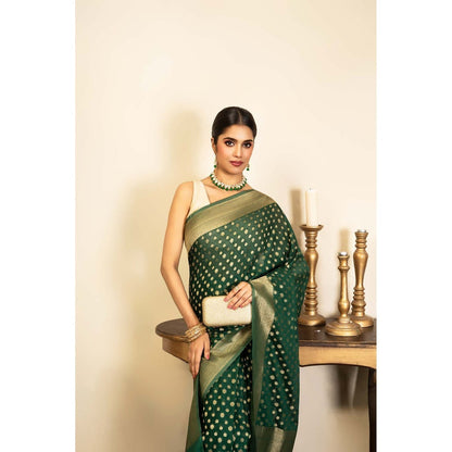Zal from Benaras Bottle Green Pure Chiffon Banarasi Handloom Saree Without Blouse