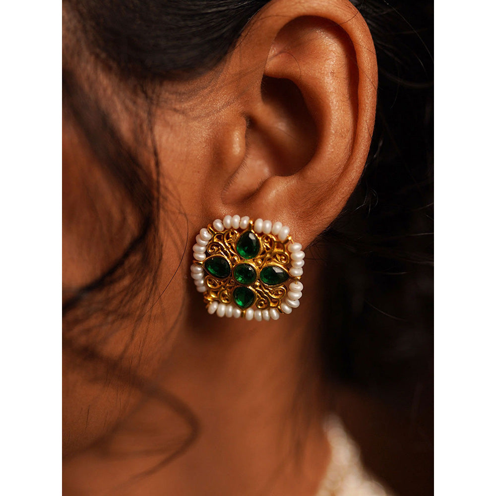 ZARIIN Green White Pearls Gold Plated Handcrafted Studs Earrings