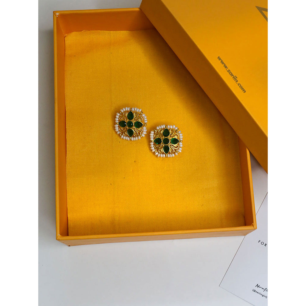 ZARIIN Green White Pearls Gold Plated Handcrafted Studs Earrings