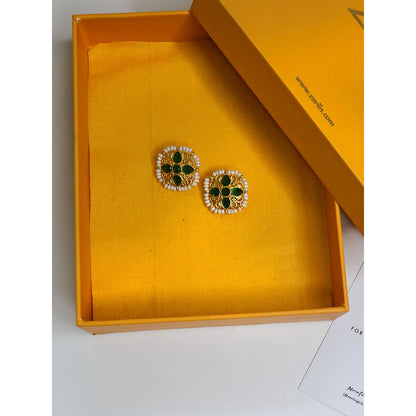 ZARIIN Green White Pearls Gold Plated Handcrafted Studs Earrings