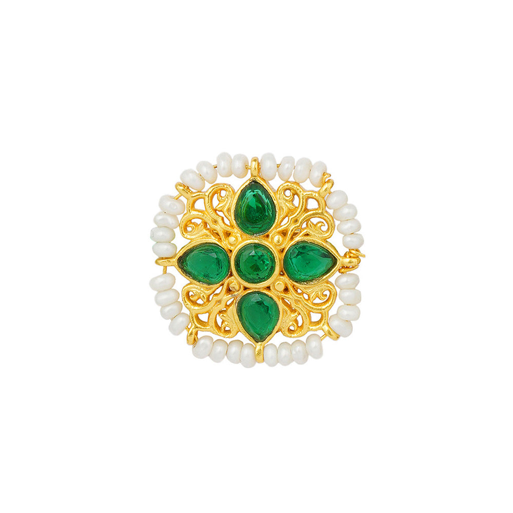 ZARIIN Green White Pearls Gold Plated Handcrafted Studs Earrings