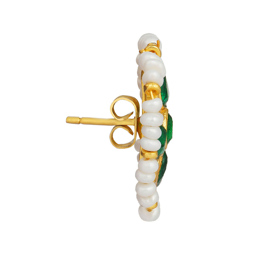 ZARIIN Green White Pearls Gold Plated Handcrafted Studs Earrings