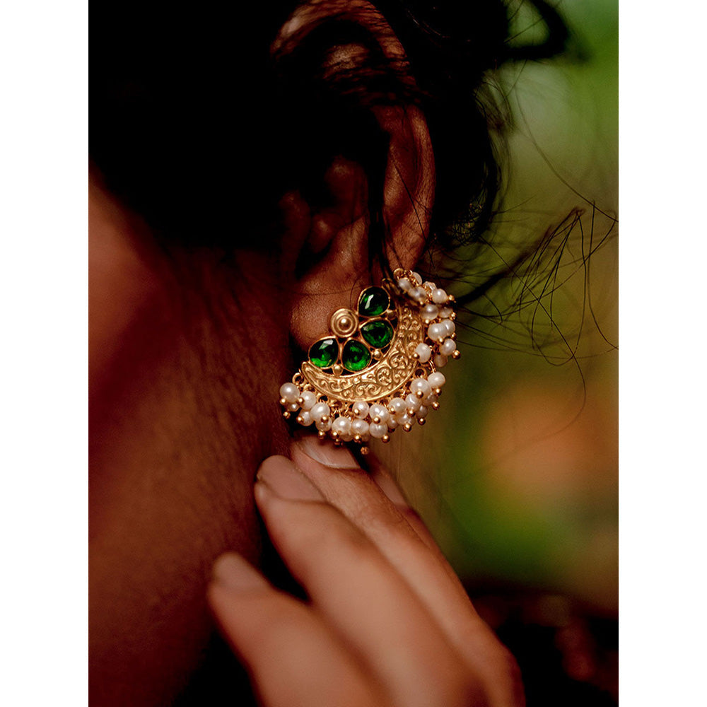 ZARIIN Green White Pearl Delicate Gold Plated Handcrafted Studs Earrings