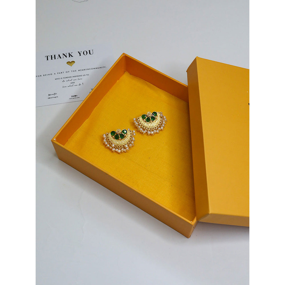 ZARIIN Green White Pearl Delicate Gold Plated Handcrafted Studs Earrings