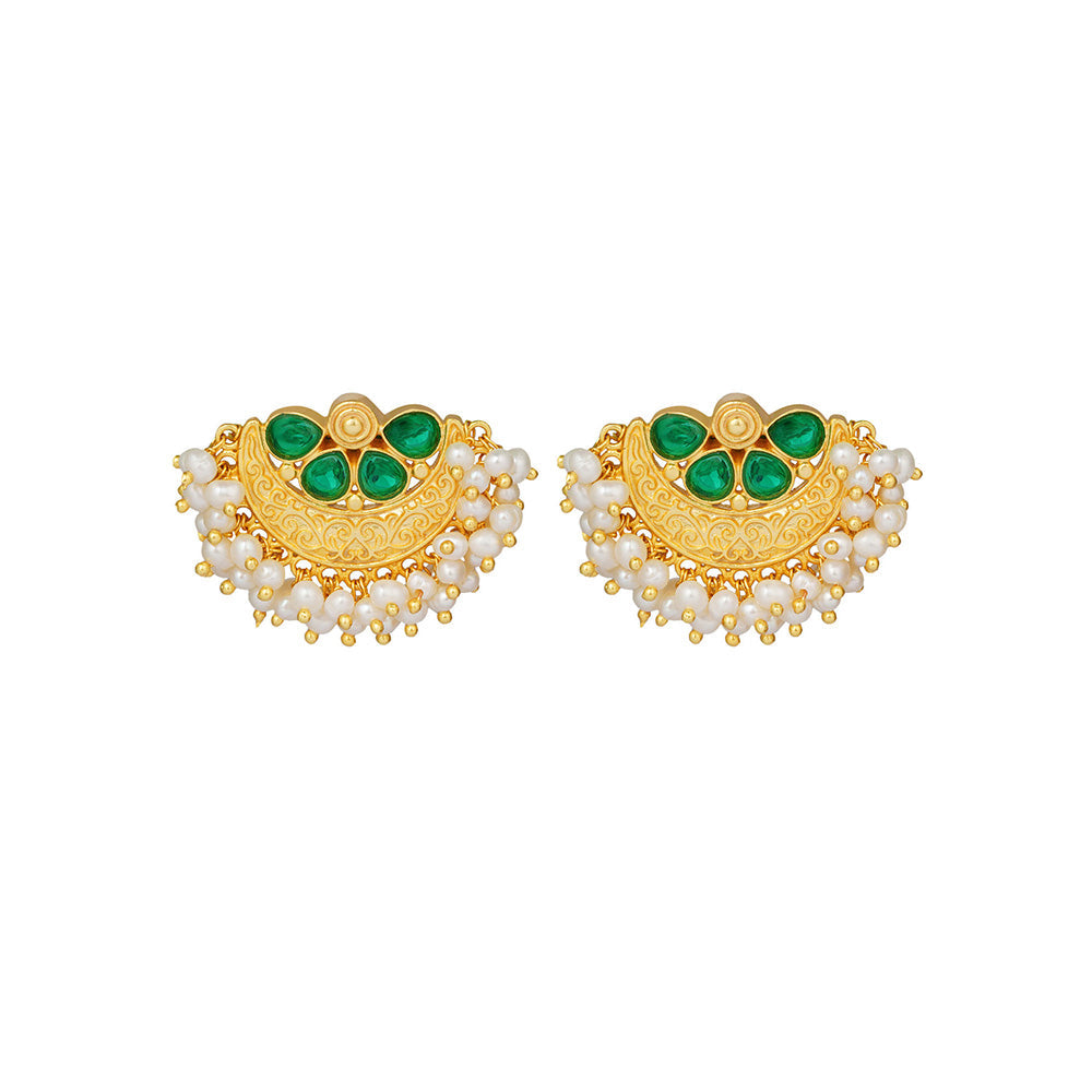 ZARIIN Green White Pearl Delicate Gold Plated Handcrafted Studs Earrings