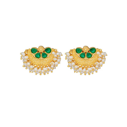 ZARIIN Green White Pearl Delicate Gold Plated Handcrafted Studs Earrings