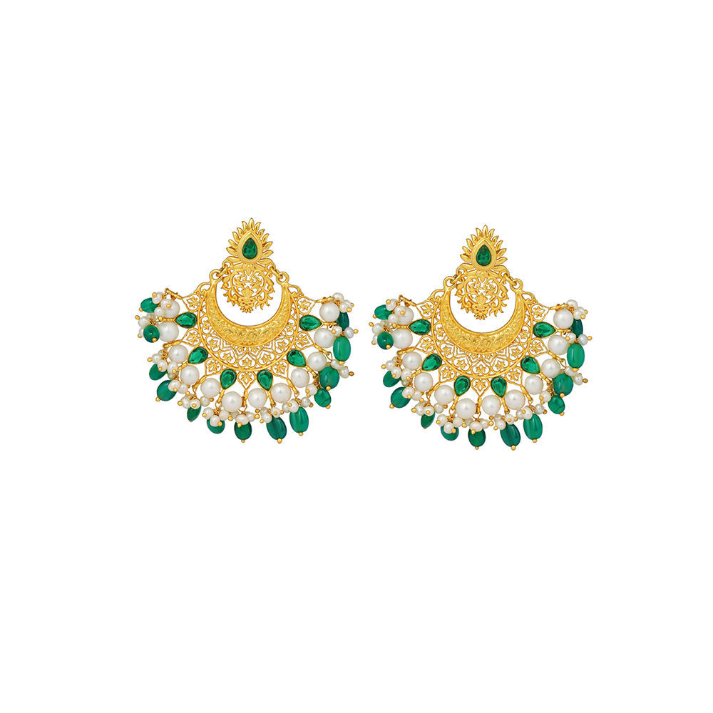 ZARIIN Green White Miniature Pearls Handcrafted Dangler Earrings