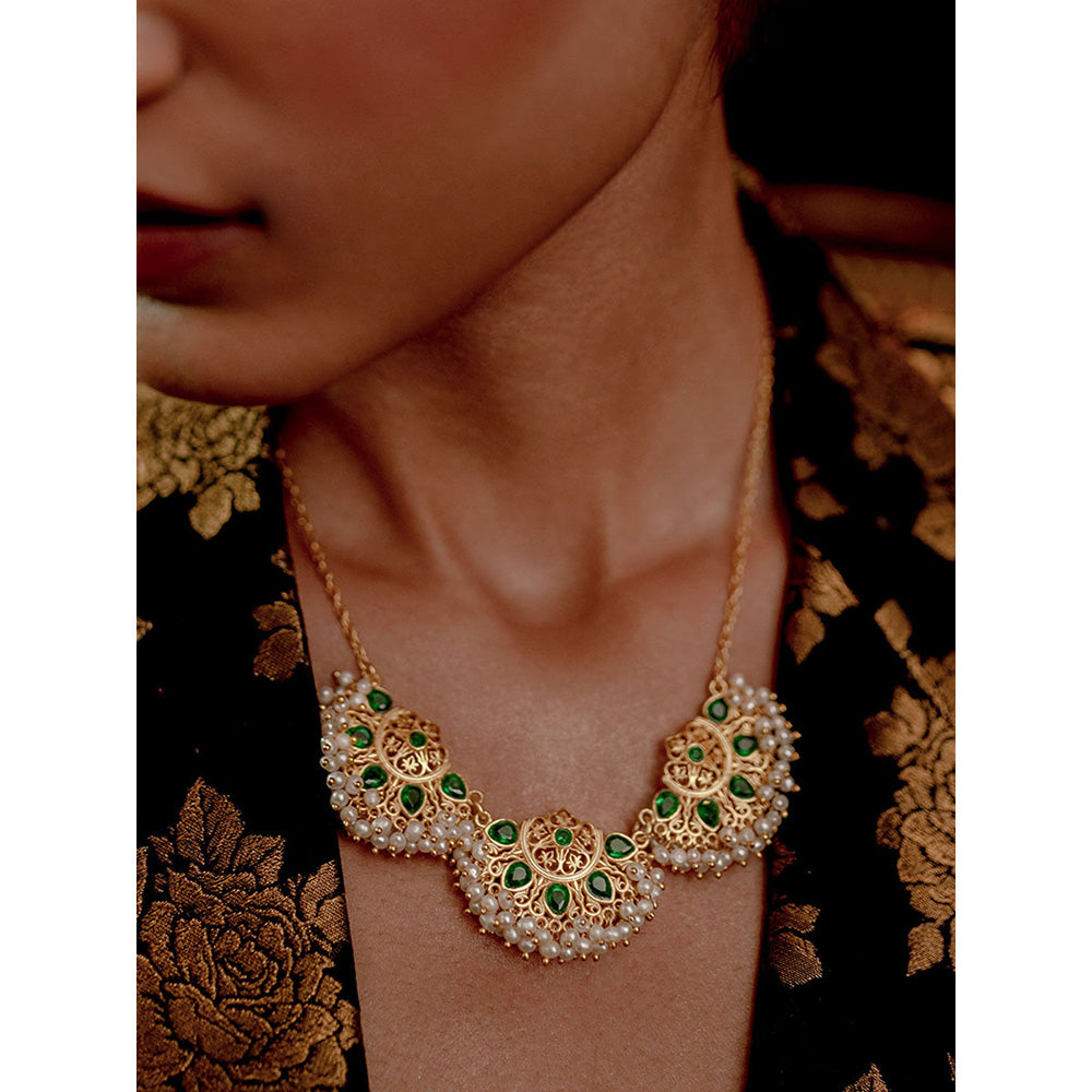 ZARIIN Green White Pearls Filigree Jaali Gold Plated Necklace