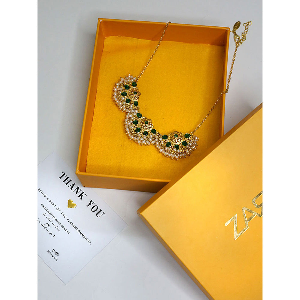 ZARIIN Green White Pearls Filigree Jaali Gold Plated Necklace