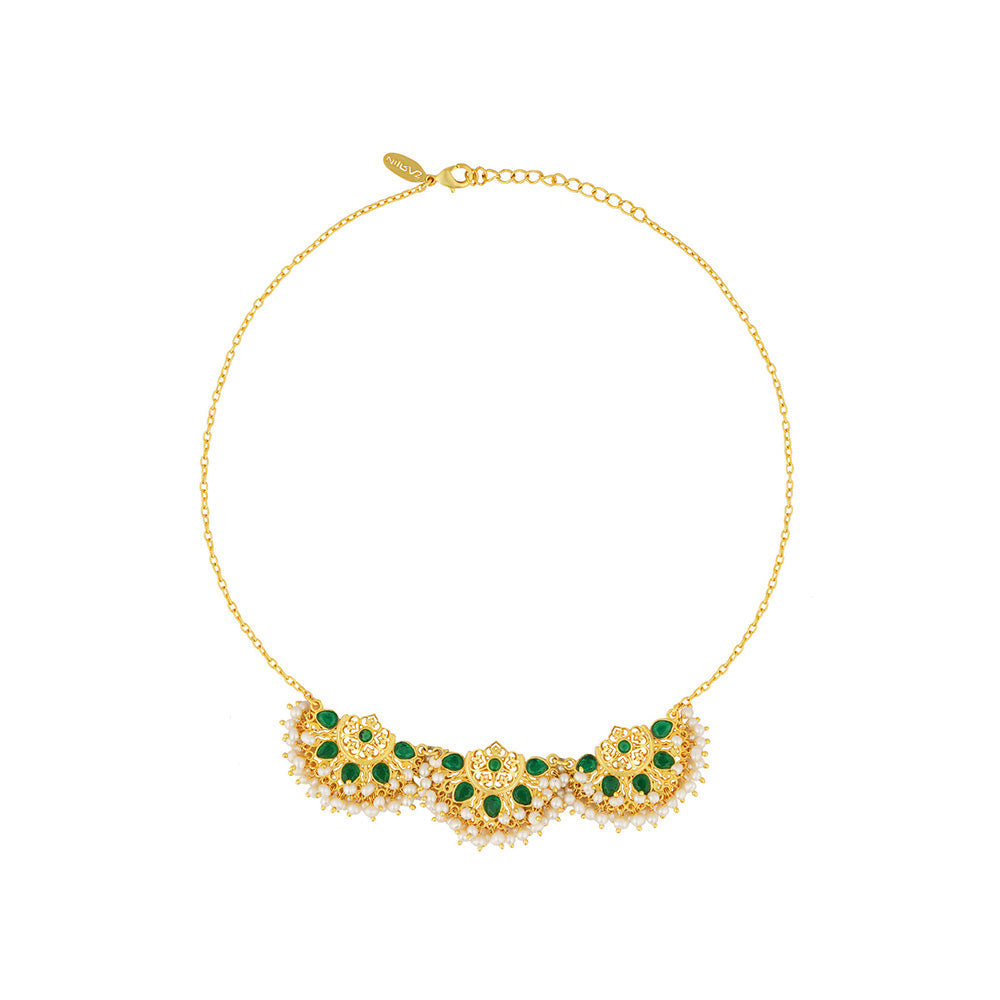 ZARIIN Green White Pearls Filigree Jaali Gold Plated Necklace