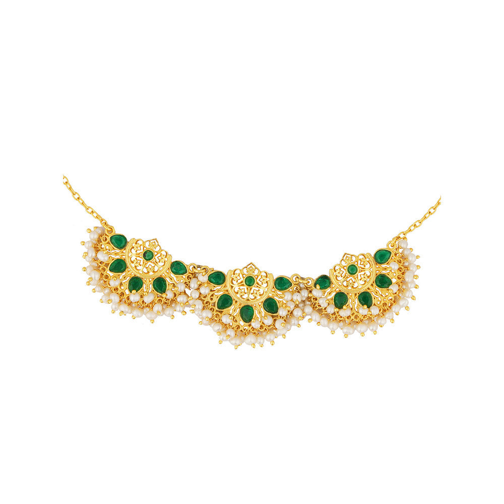 ZARIIN Green White Pearls Filigree Jaali Gold Plated Necklace