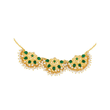 ZARIIN Green White Pearls Filigree Jaali Gold Plated Necklace