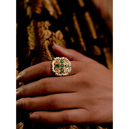 ZARIIN Green White Pearls Gold Plated Handcrafted Adjustable Ring
