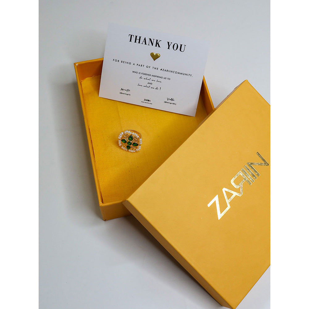 ZARIIN Green White Pearls Gold Plated Handcrafted Adjustable Ring