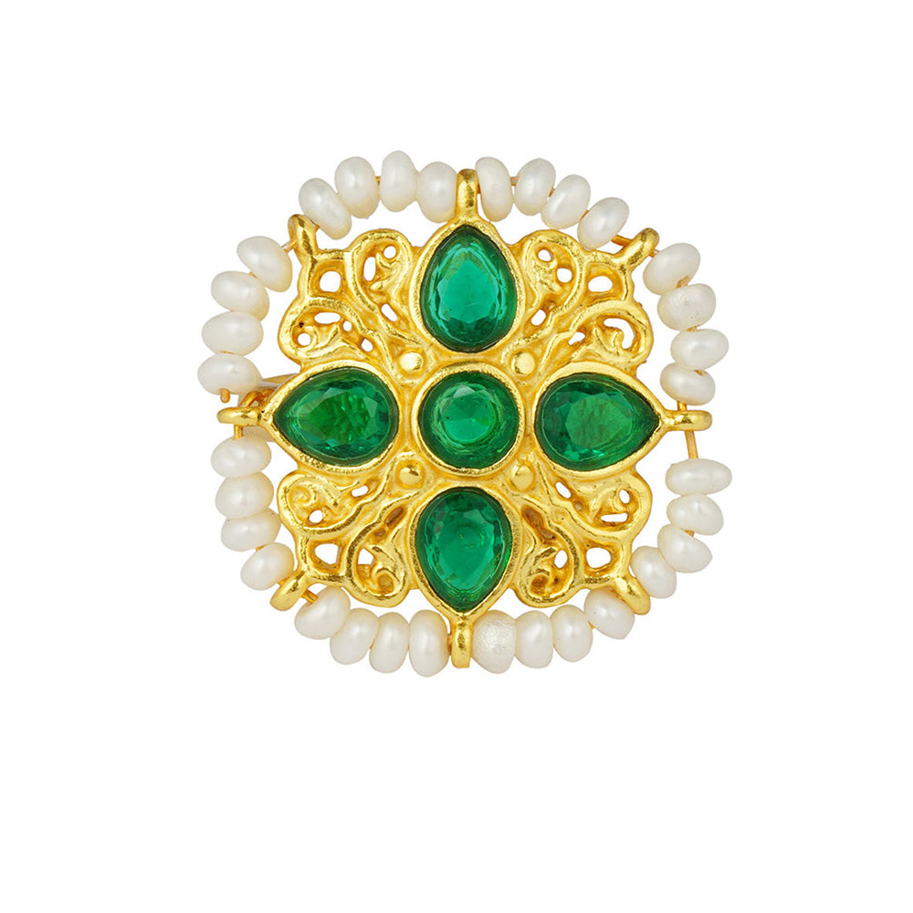 ZARIIN Green White Pearls Gold Plated Handcrafted Adjustable Ring