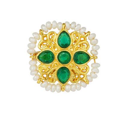ZARIIN Green White Pearls Gold Plated Handcrafted Adjustable Ring