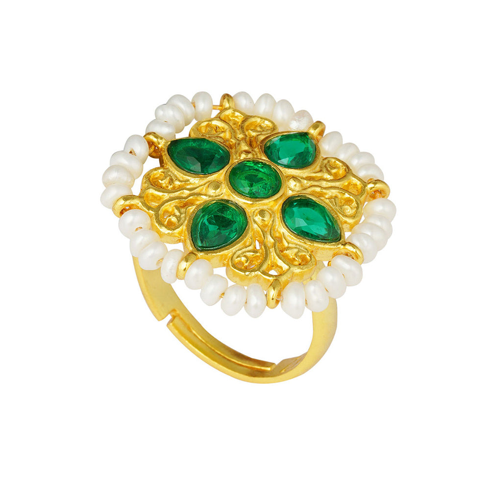 ZARIIN Green White Pearls Gold Plated Handcrafted Adjustable Ring