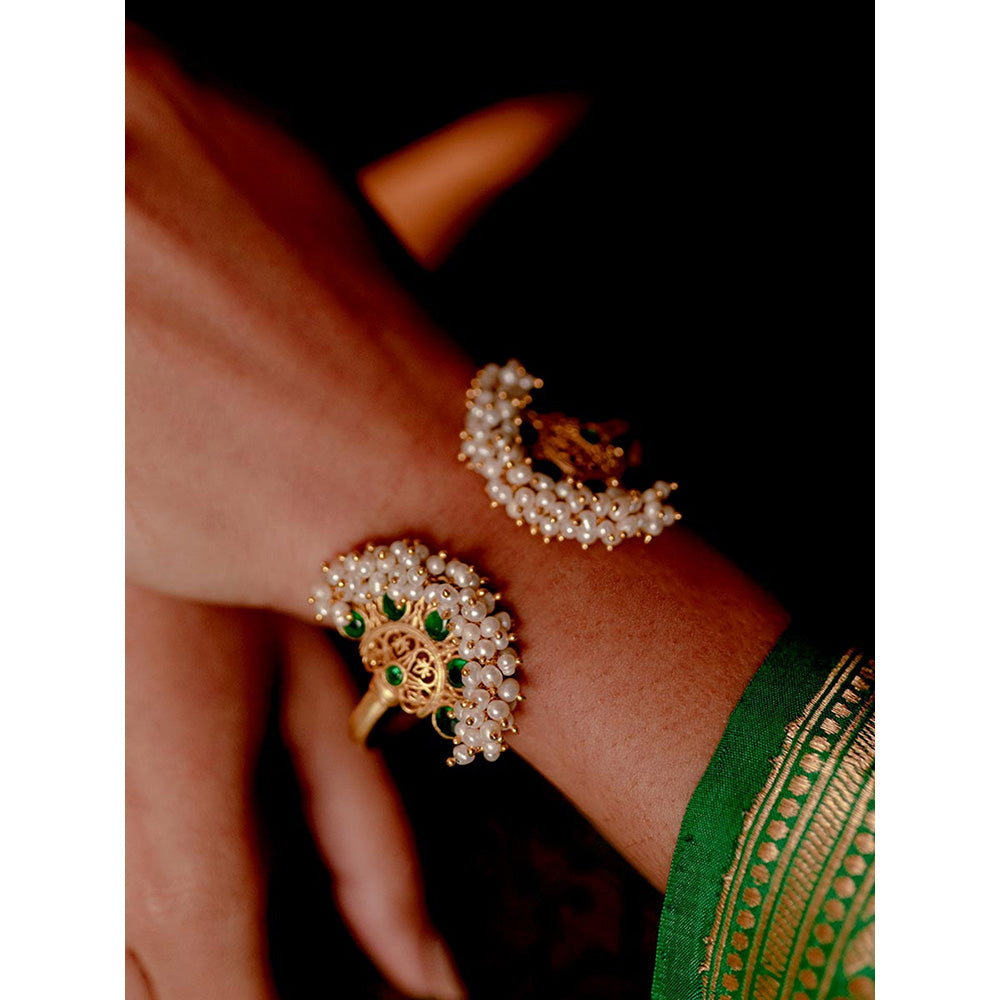 ZARIIN White Green Gold Plated Handcrafted Pearls Bangle
