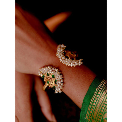 ZARIIN White Green Gold Plated Handcrafted Pearls Bangle
