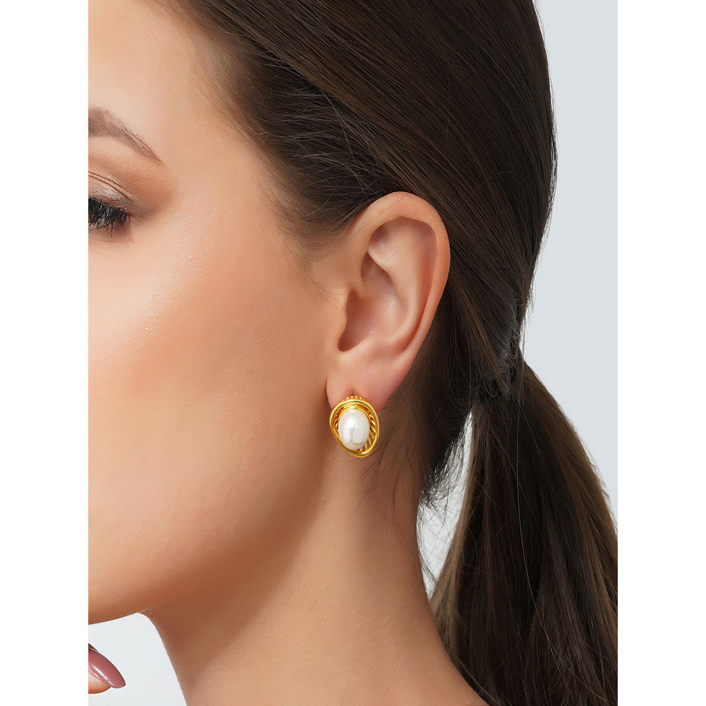 ZARIIN 22Kt Gold Plated Brass White Shell Pearl Glam & Party Wear Studs Earrings