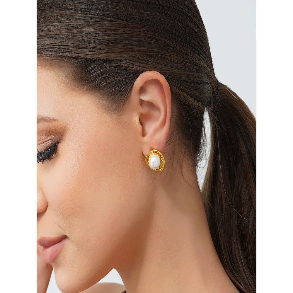 ZARIIN 22Kt Gold Plated Brass White Shell Pearl Glam & Party Wear Studs Earrings