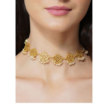 ZARIIN 22Kt Gold Plated With Natural Freshwater White Pearls Beads Wedding Necklace