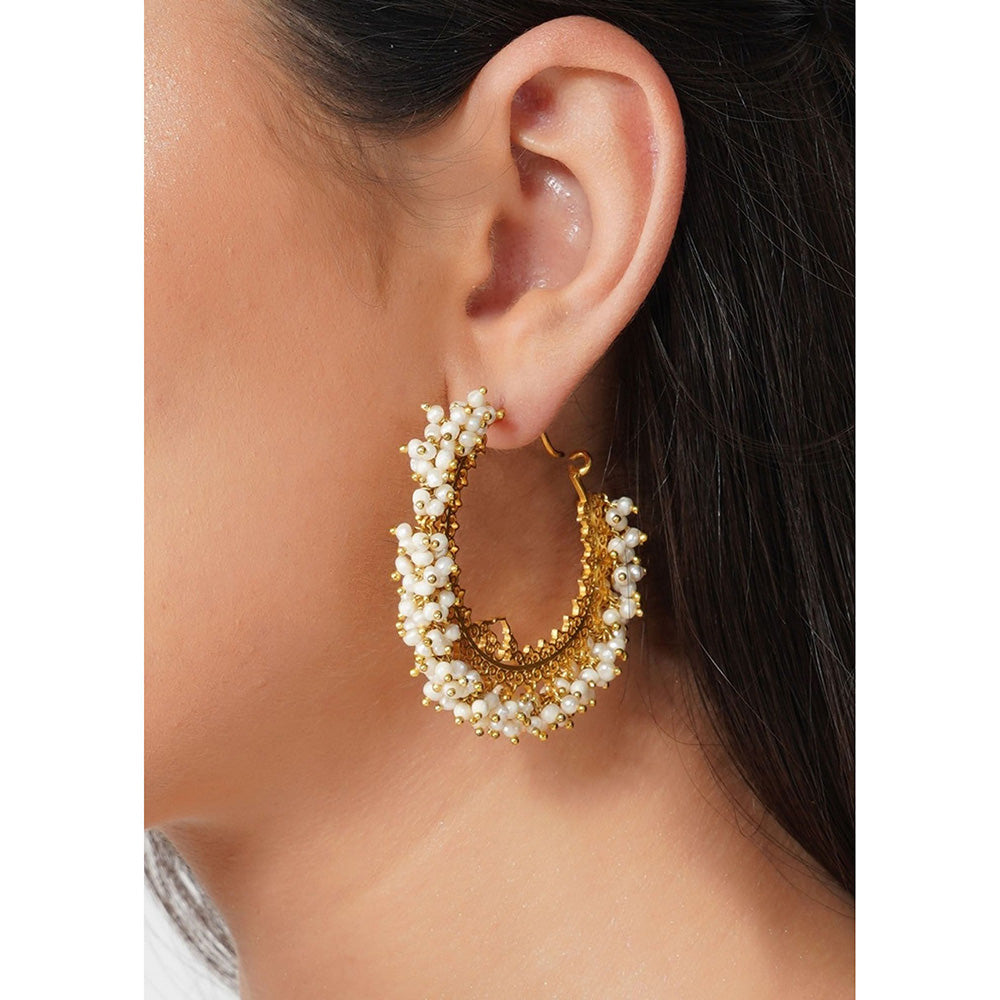 ZARIIN 22Kt Gold Plated Handcrafted with Natural Freshwater White Pearls Wedding Danglers Earrings