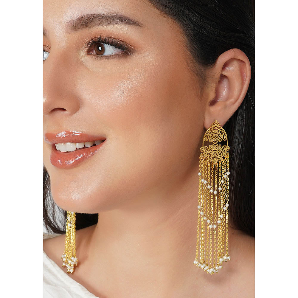 ZARIIN 22Kt Gold Plated Handcrafted with Natural Freshwater White Pearls Wedding Danglers Earrings