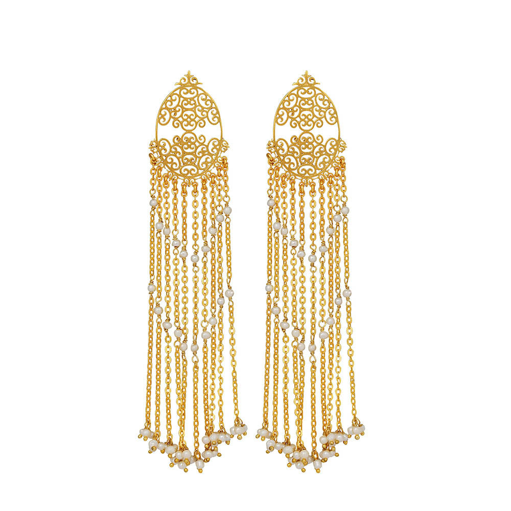 ZARIIN 22Kt Gold Plated Handcrafted with Natural Freshwater White Pearls Wedding Danglers Earrings