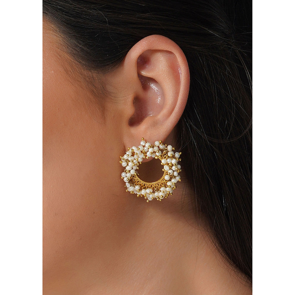 ZARIIN 22Kt Gold Plated Handcrafted with Natural Freshwater White Pearls Wedding Studs Earrings
