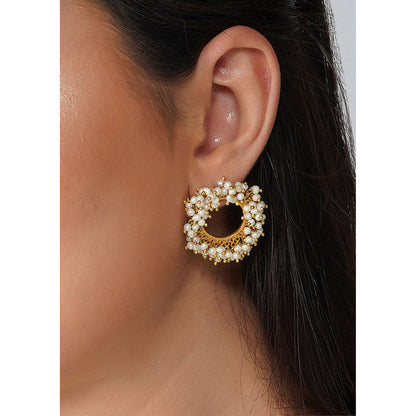 ZARIIN 22Kt Gold Plated Handcrafted with Natural Freshwater White Pearls Wedding Studs Earrings