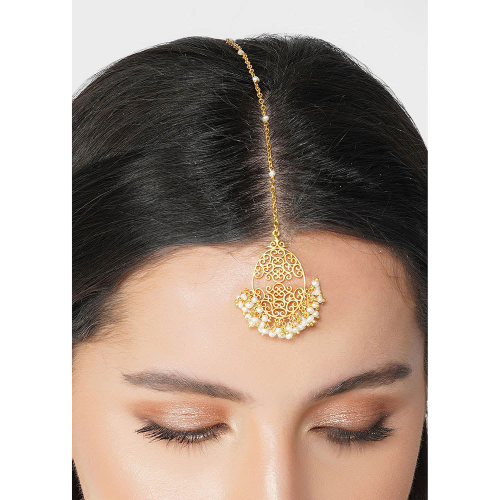 ZARIIN 22Kt Gold Plated Handcrafted with Natural Fresh Water White Pearl Maangtika