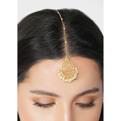 ZARIIN 22Kt Gold Plated Handcrafted with Natural Fresh Water White Pearl Maangtika