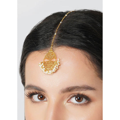 ZARIIN 22Kt Gold Plated Handcrafted with Natural Fresh Water White Pearl Maangtika