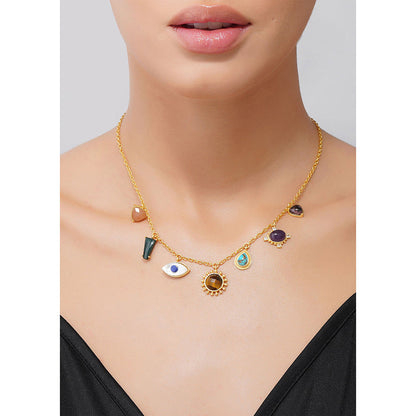 ZARIIN 22Kt Gold Plated Multi Stone Healing Pendants Necklace