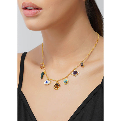 ZARIIN 22Kt Gold Plated Multi Stone Healing Pendants Necklace