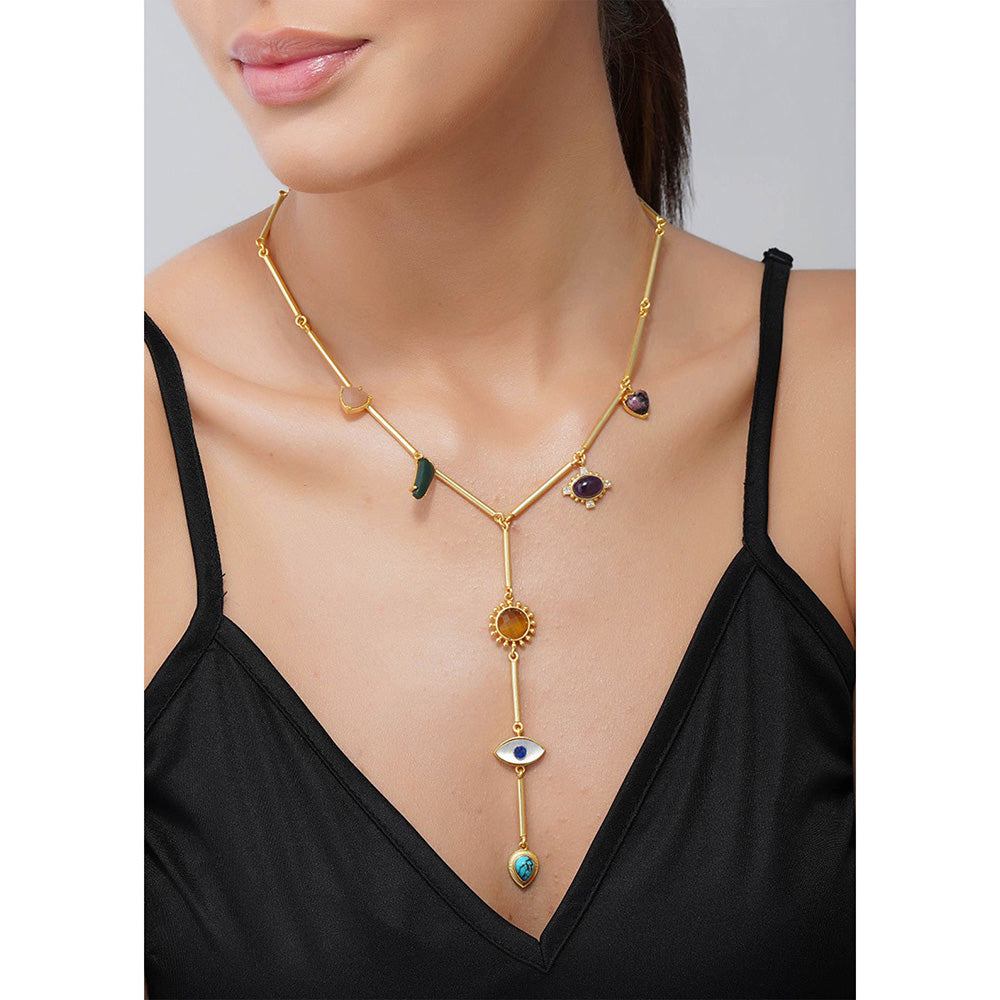 ZARIIN 22Kt Gold Plated Multi Stone Healing Pendants Necklace