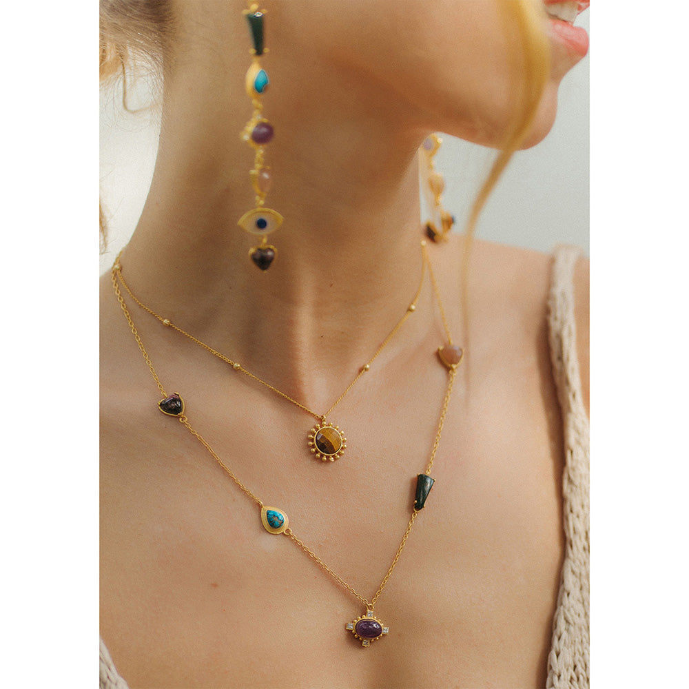 ZARIIN 22Kt Gold Plated Multi Stone Healing Layered Pendants Necklace
