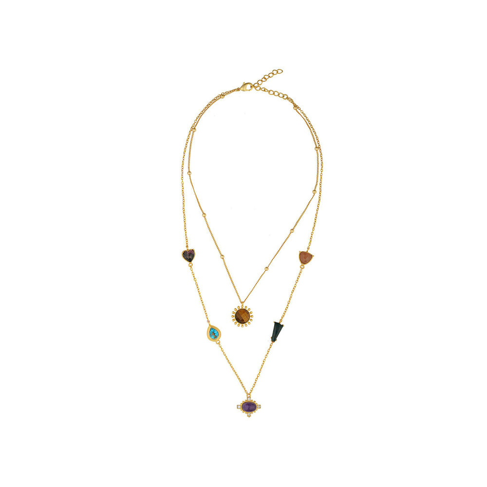 ZARIIN 22Kt Gold Plated Multi Stone Healing Layered Pendants Necklace