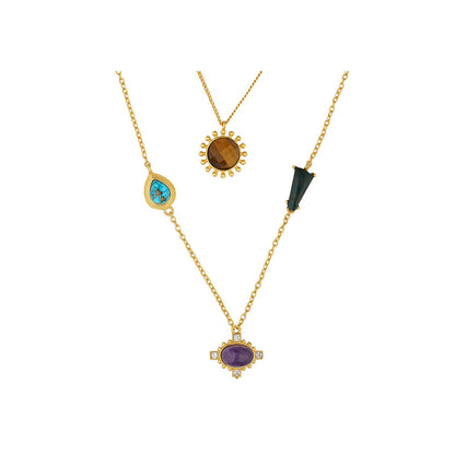 ZARIIN 22Kt Gold Plated Multi Stone Healing Layered Pendants Necklace
