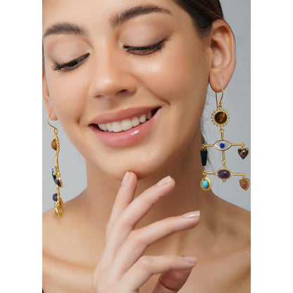 ZARIIN 22Kt Gold Plated Multi Stone Healing Drop and Dangler Earrings
