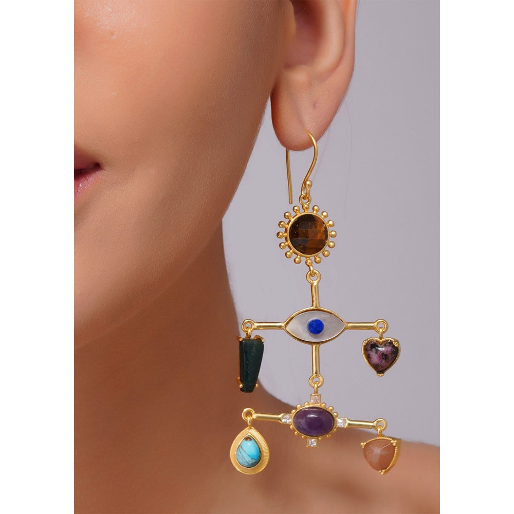 ZARIIN 22Kt Gold Plated Multi Stone Healing Drop and Dangler Earrings