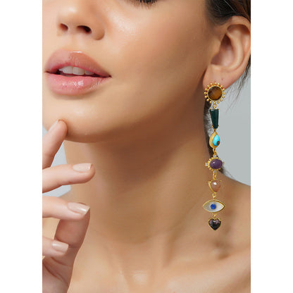 ZARIIN 22Kt Gold Plated Multi Stone Healing Drop and Dangler Earrings