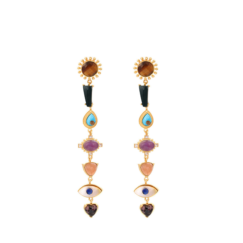 ZARIIN 22Kt Gold Plated Multi Stone Healing Drop and Dangler Earrings