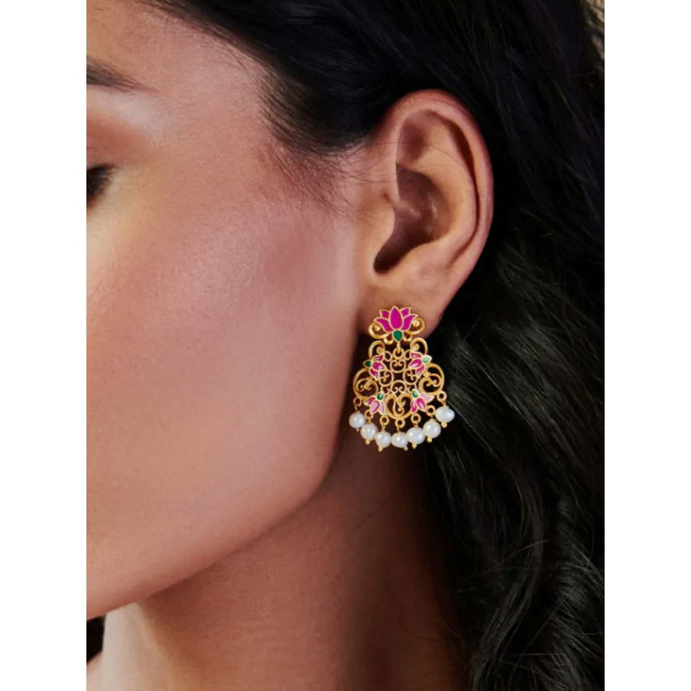 ZARIIN 22KT Gold Plated in Pink Enamel Mystic Lotus Stud Earrings