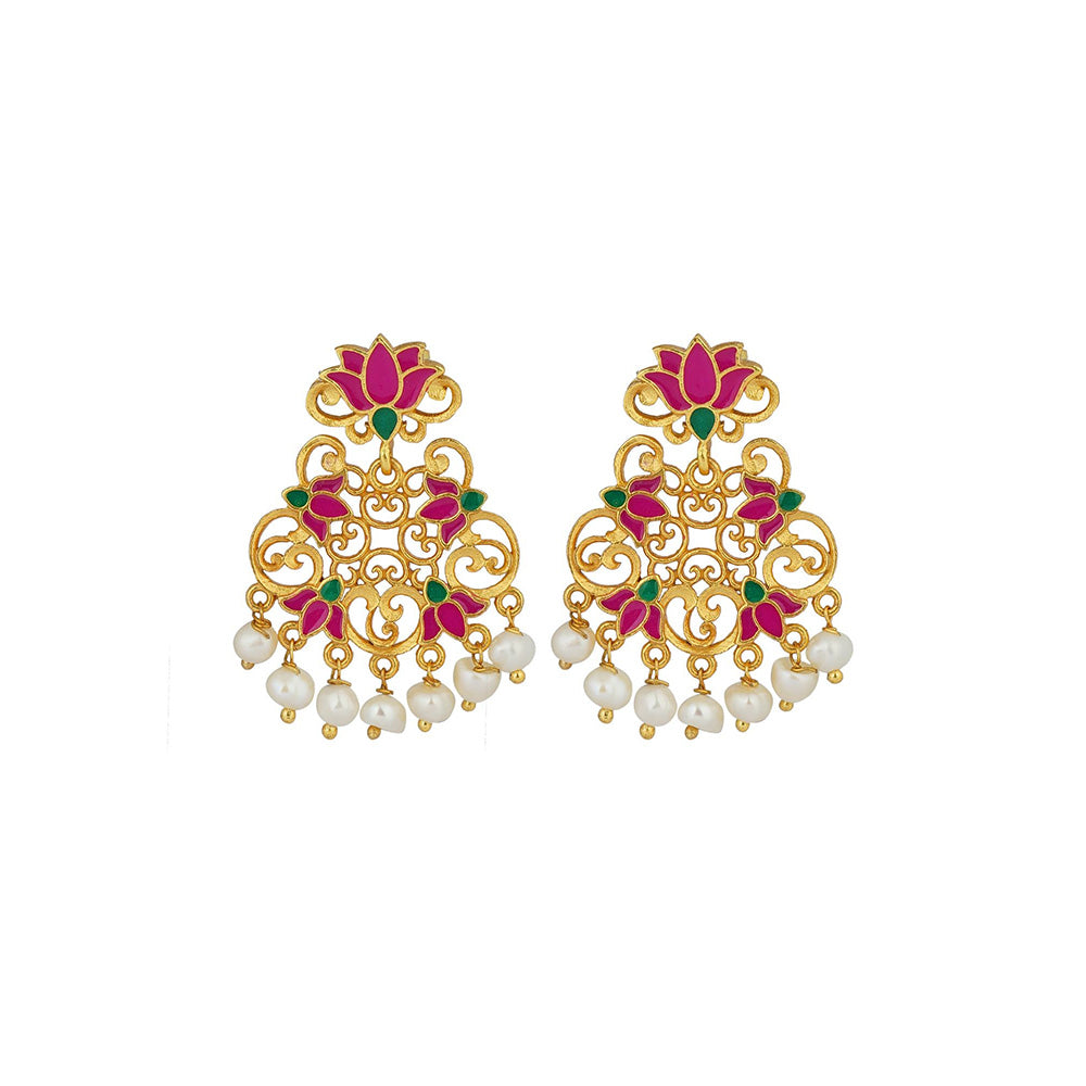 ZARIIN 22KT Gold Plated in Pink Enamel Mystic Lotus Stud Earrings