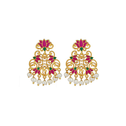 ZARIIN 22KT Gold Plated in Pink Enamel Mystic Lotus Stud Earrings