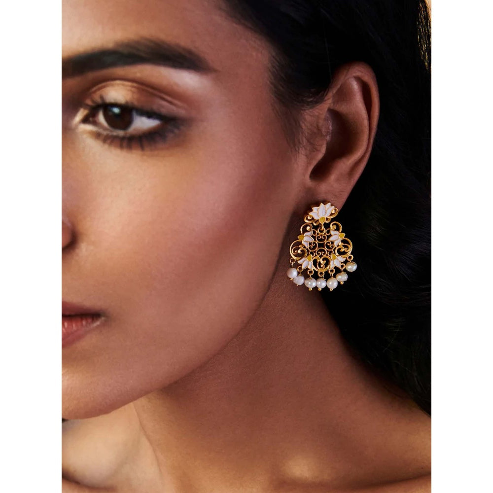 ZARIIN 22KT Gold Plated in White Enamel Mystic Lotus Stud Earrings